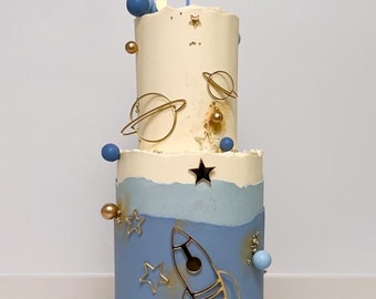 Personalised Space Birthday Cake Topper Set: Rocket, Planets & Name