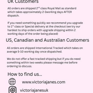 May include: Text on a light pink background reads "Shipping" in a cursive font. Below, it lists shipping information for UK, US, Canadian, and Australian customers, including the website address and Instagram handle.