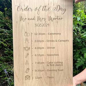 Engraved Wood Wedding Timeline Sign: Order of Events
