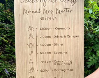 Engraved Wood Wedding Timeline Sign: Order of Events