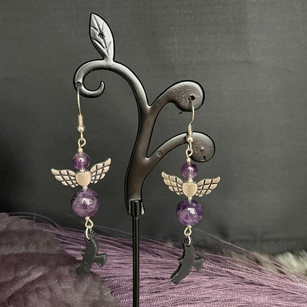 Heart Wings with Hawks and Amethyst Earrings