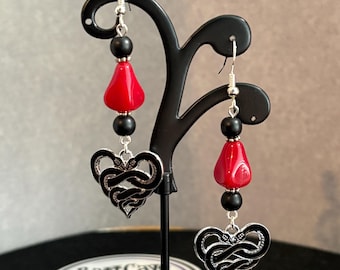 Matte Black & Red Glass Earrings with Snake Heart Charms