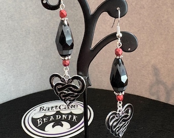 Faceted Black/Grey Czech Glass Earrings with Snake Heart Charms