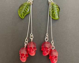 Small Cherry Skull Earrings w/long stems- Several Colors Available