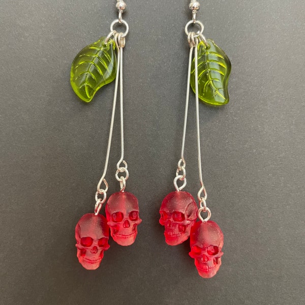 Small Cherry Skull Earrings w/long stems- Several Colors Available