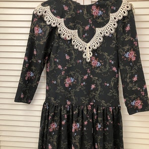 1970&#39;s J McClintock Gunne Sax childs sz 7 dress Crochet collar dropped waist pigtails tights Little House Prairie  church Cosplay Xmas dress