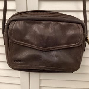Fossil brown leather crossbody small travel purse Full zipper plastic zipper Fossil logo zipper pull goldtone Mult card holder passport