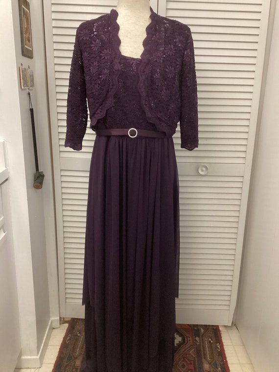 Formal deep purple long dress with lace jacket and