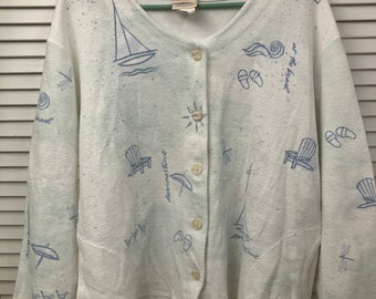 Hand screened cotton cardigan white w/ blue beach summer theme Artisan made in USA size XL cotton lightweight cardigan sweater for summer