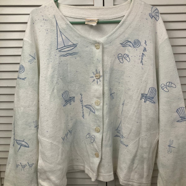 Hand screened cotton cardigan white w/ blue beach summer theme Artisan made in USA size XL cotton lightweight cardigan sweater for summer