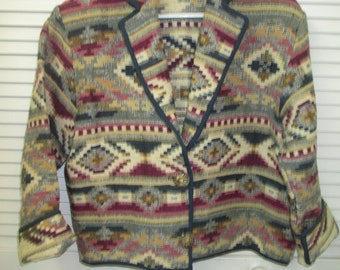 Vintage suroeste tema algodón tejido chaqueta. Hecho en la India Boho hippie clásico multicolor sudoeste ellos vtg chaqueta india. Tamaño Grande.