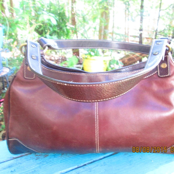 Franco Sarto two tone brown leather vtg hobo bucket short shoulder purse. 14"W x 8" deep.. Double 16-17" adjustable strap