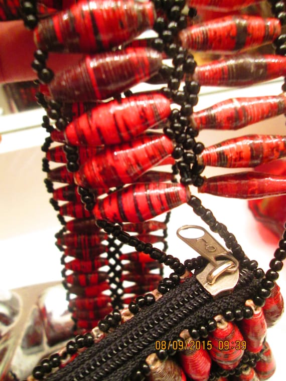 Hand rolled red paper bead purse. Made in Africa.… - image 4