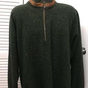 Parka Vintage Traverse Bay Woolen Company. Tessuto nubby verde scuro con finiture in pelle finta. Made in USA drawstring pullover parka Unisex XL