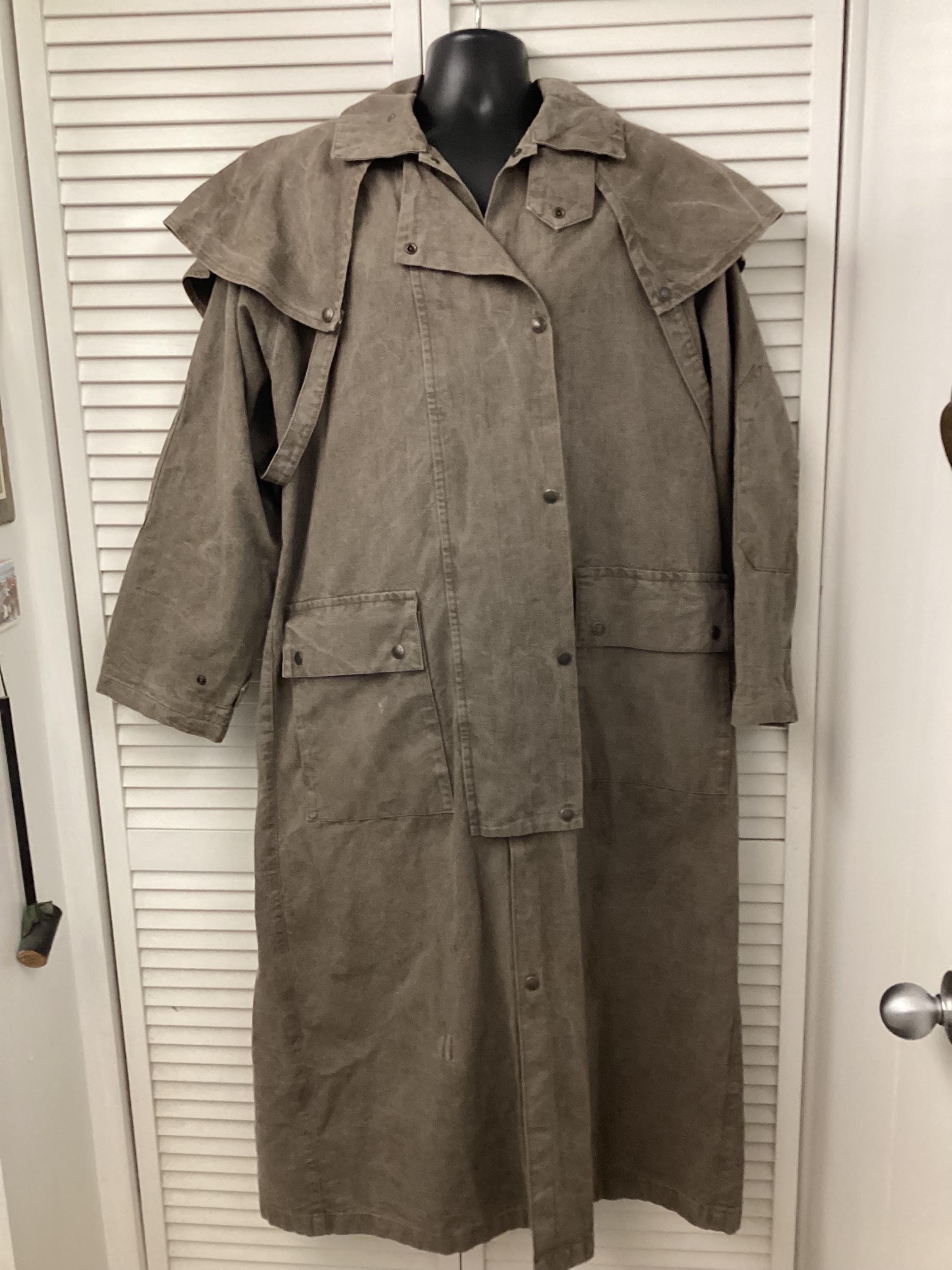 Australian Outback Long Duster Coat Grayish Brown Canvas With