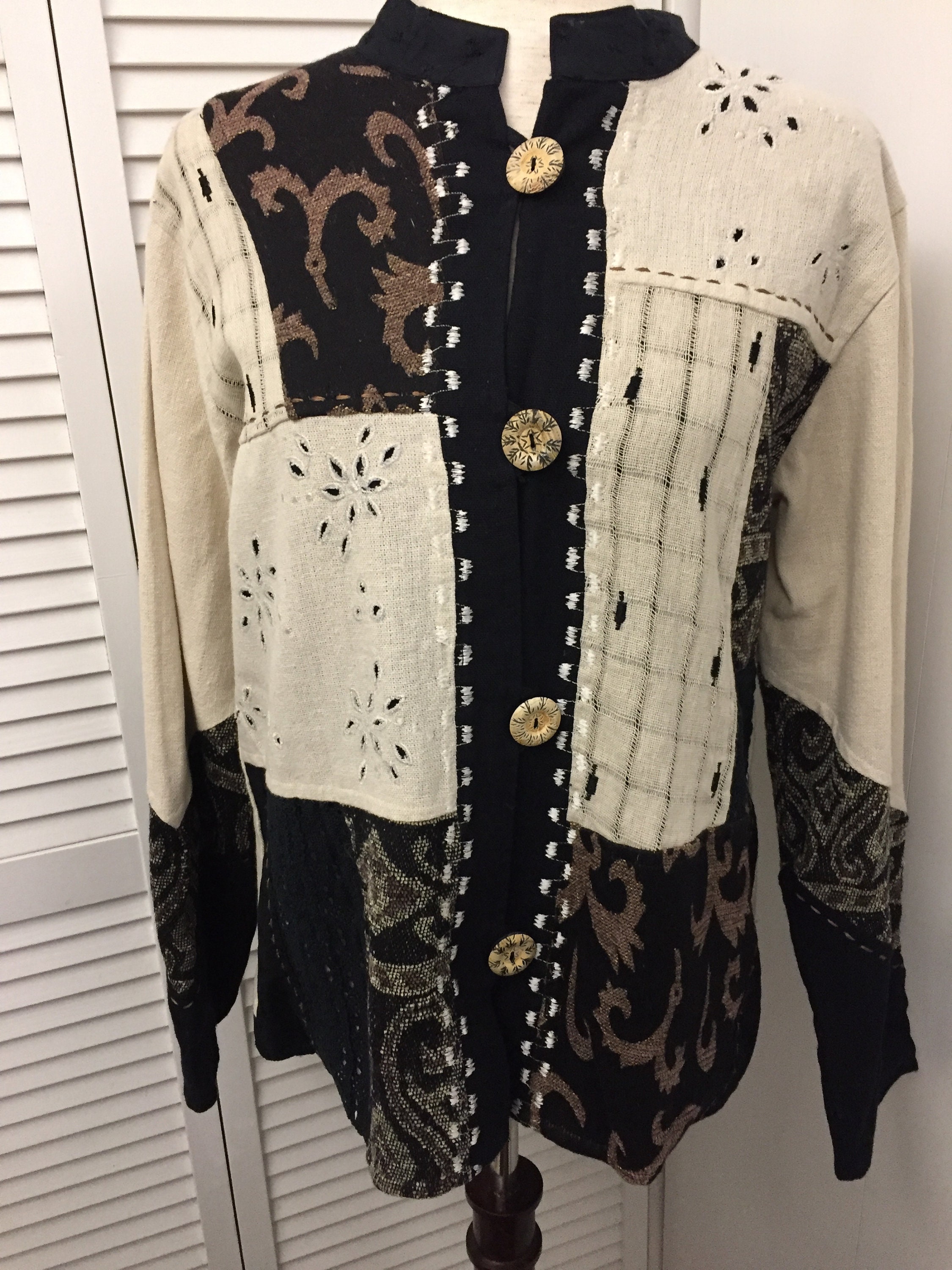 Vintage Mandarin Style Black Beige Flax Cotton Muslin Lined