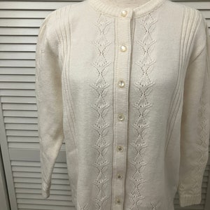 Vintage white acrylic cardigan pearlized buttons unique cutwork pattern sweet go w/ everything cardigan sweater Made in USA like new vintage
