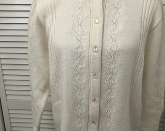 Vintage white acrylic cardigan pearlized buttons unique cutwork pattern sweet go w/ everything cardigan sweater Made in USA like new vintage