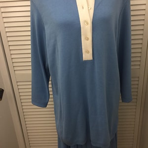Vintage Talbots made in USA light blue 2 pc 100% cotton knit loose fit top and pleated skirt Size XL long blue & white top + skirt Like new