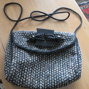 Handmade tweed small handbag with fabulous beaded closure and black rayon braided long strap. Crossbody or shoulder bag. Expertly crafted.