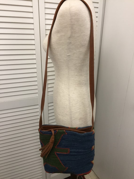 Wool crossbody shoulder bag embossed tan leather s