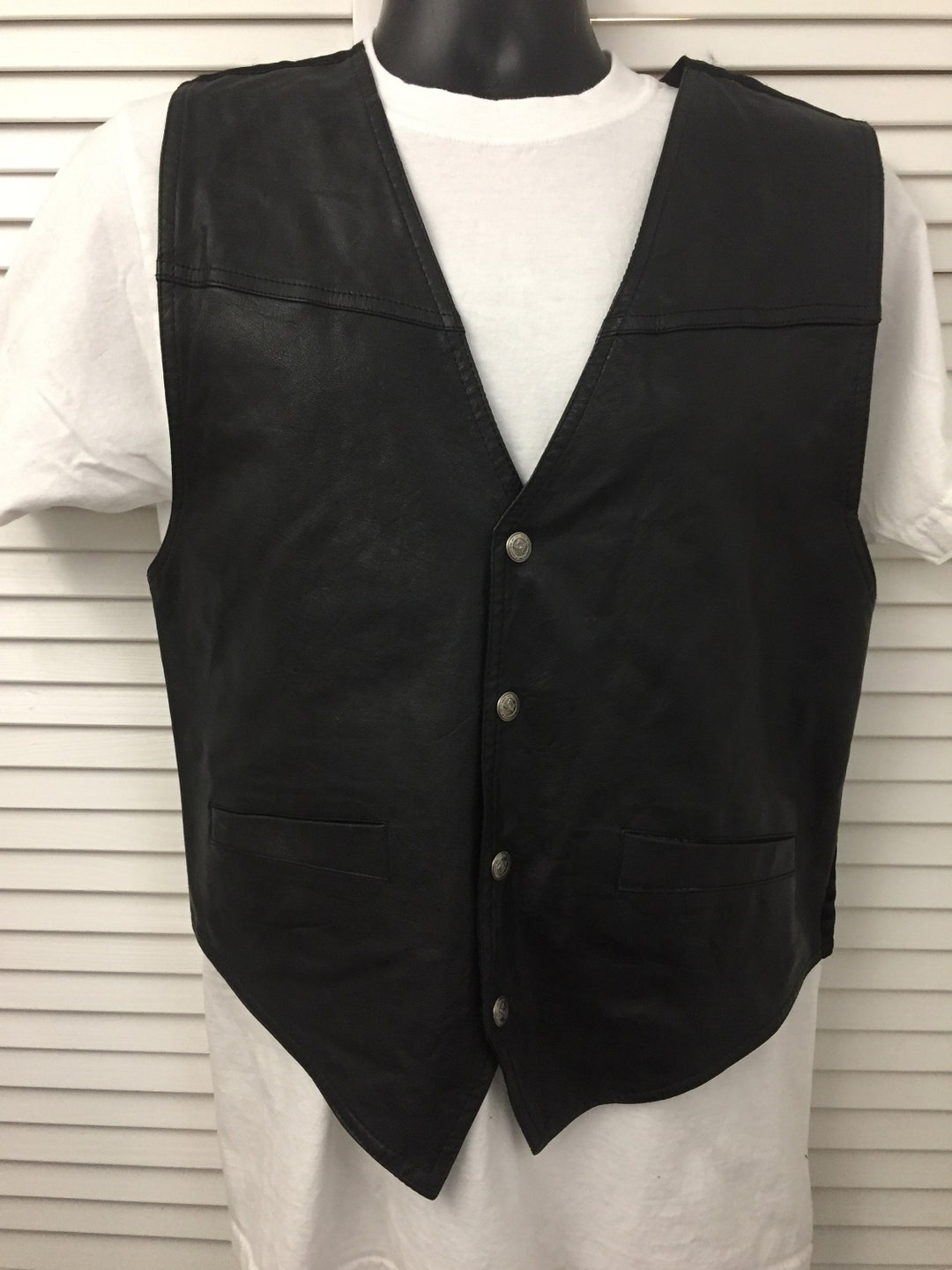 Vintage Lightweight Leather Vest W Snap Front Acetate Back Adjustable ...