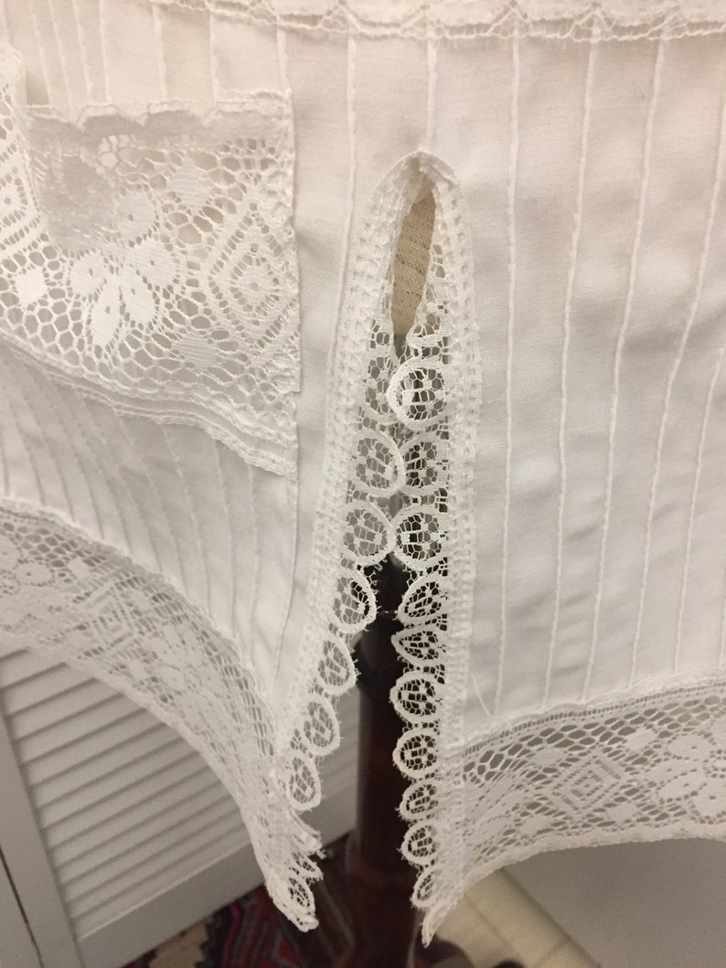 White cotton blend tunic bathing suit cover blouse lace trim Like new see through lace top for many different uses Boho to dressy summer top