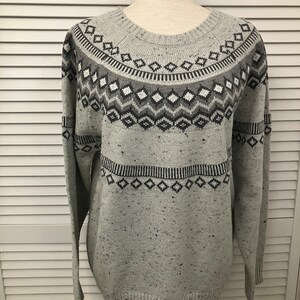 Tags on warm poly acrylic blend Scandinavian style pullover sweater light medium and charcoal gray unisex XL Great for wool sensitive skin
