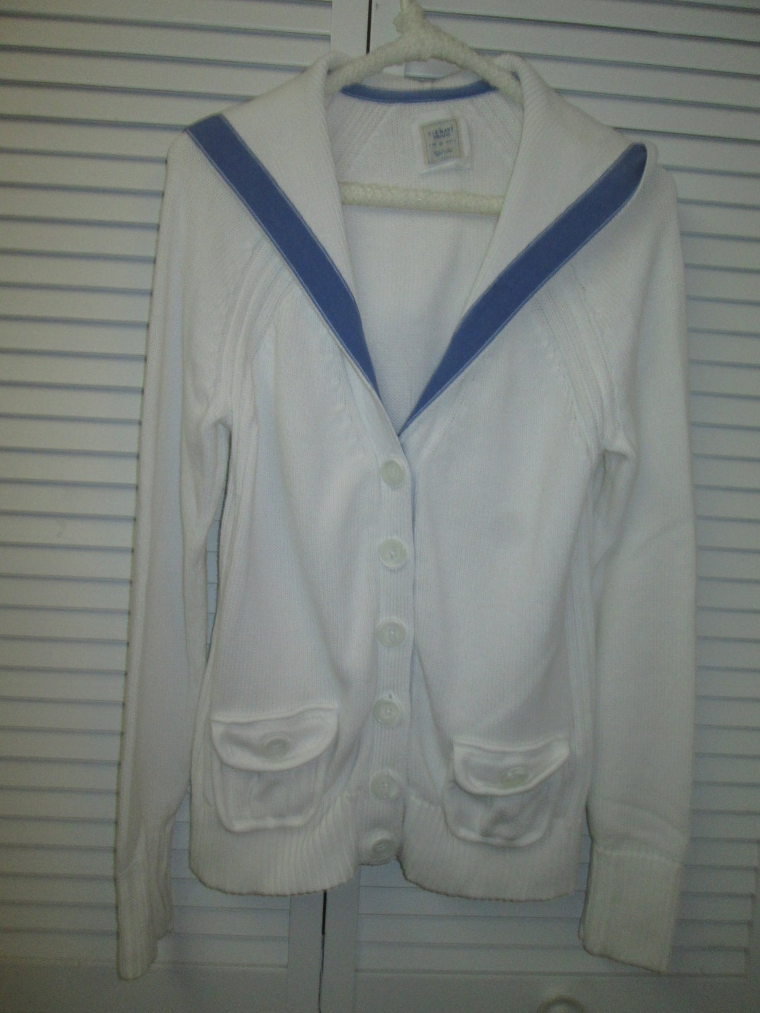 Vintage Old Navy White Cotton Knit Hooded Cardigan With Denim Trimmed ...