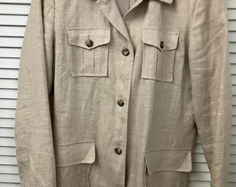 Vintage beige thick linen/flax safari vibe jacket fully lined Harve Bernard label Made in Ukraine US women's size 12 Classic linen jacket
