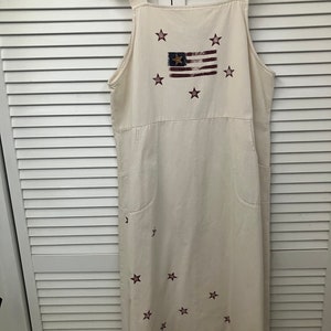 4th of July American flag sundress or jumper 100% cotton hand screened light beige dress with 2 large pockets Christopher Banks Patriotic