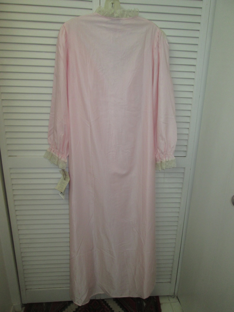 Vintage NOS tags on pale pink cream lace nightgown Lily of France label made in USA Sz ML demure poly light ctn fleece lined long nightgown