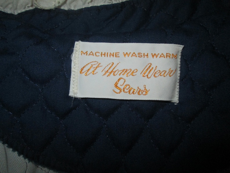 Vintage Sears at Home quilted long robe-dark blue with red trim and white eyelet trim Boho retro Christmas morning comfy long robe.