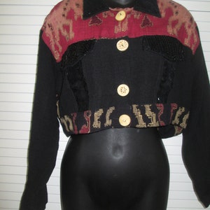 Boho punk fun cropped bolero style decorative jean style jacket Unique buttons fun pattern and colors w just a touch of bling Generous Small