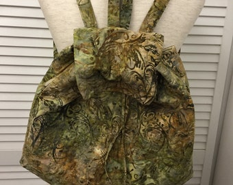 Green abstract batik style print all cotton backpack w drawstring top and small top handle. Unisex backpack Summer weight backpack