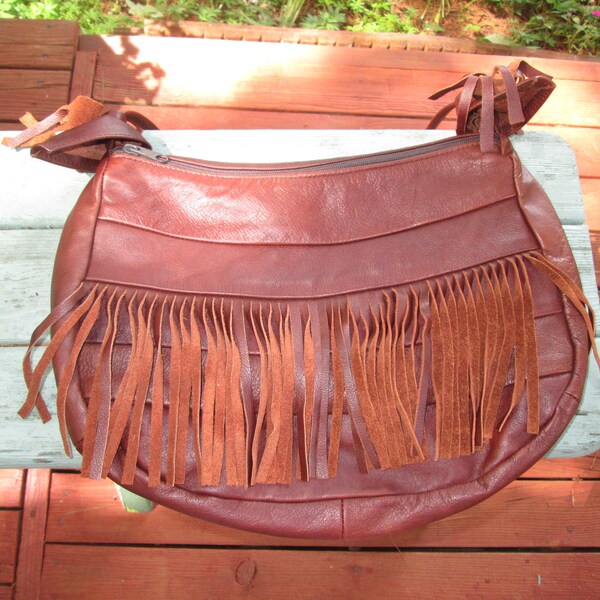 Fringed lightweight leather brown shoulder bag. Made in Mexico. Boho hipster unique leather fringed shoulder bag purse Quality hip purse