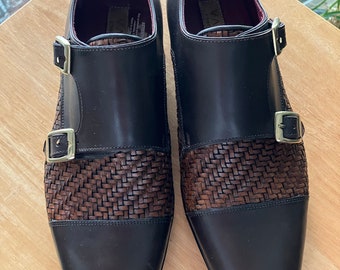 Chaussures italiennes pour hommes faites à la main Vaccio Cuir brun et tissé beige Moine boucles chaussures habillées uniques Date nuit hanche mod qualité chaussures faites à la main