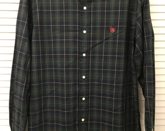 Polo Ralph Lauren 100 % fine pima cotton green tartan plaid button down collar long sleeve shirt  mint vintage condition Preppy Polo logo L