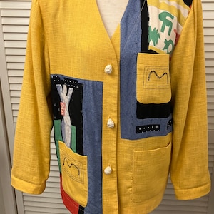 Vintage bright yellow jacket w abstract colorful insets rope frog button close Generous XS 40C Made in USA Canvasback label Mod hip retro