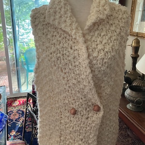 Handknit winter white thick wool vest made by Rohn House Textile Studio in N Michigan. Unique wooly thick unisex vest warm and snuggly vest