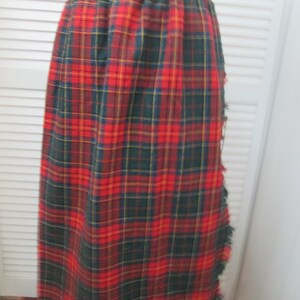 Vintage made in USA red plaid kilt style side fringed wrap skirt with large pin. Boho preppy country chic wool blend skirt. IGLWU label