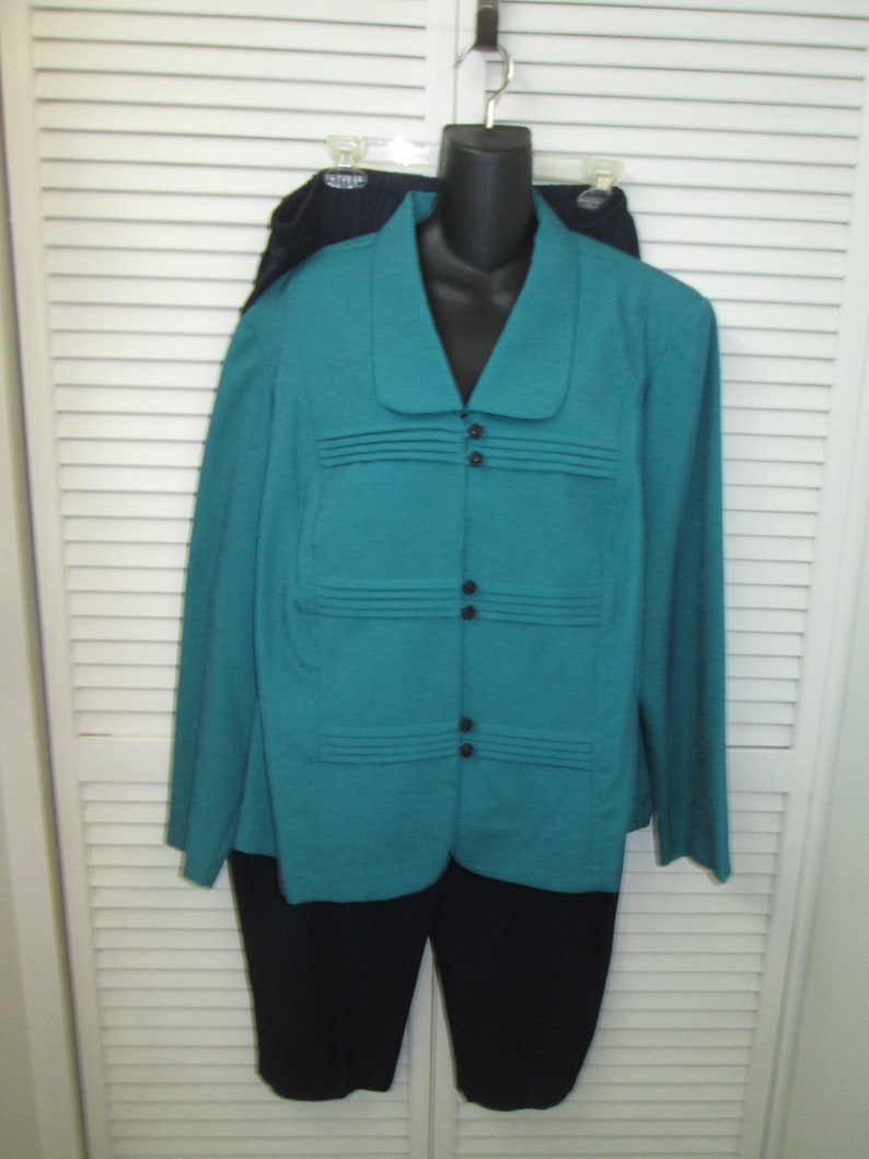 Turquoise and navy jacket and pants Lady Dorby label size 24 pants and jacket Vintage plus size 24 women professional 2 piece pant suit