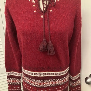 Nordic vibe pullover sweater with tie front ramie cotton blend boho sweater made in Hong Kong Red w/white burgundy pattern Generous Medium