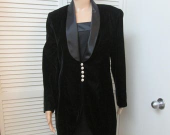 Vintage black satin trimmed spaghetti strap sheath w lined velvet satin trimmed long jacket  rhinestone and pearl buttons JR Nites vtg sz 12