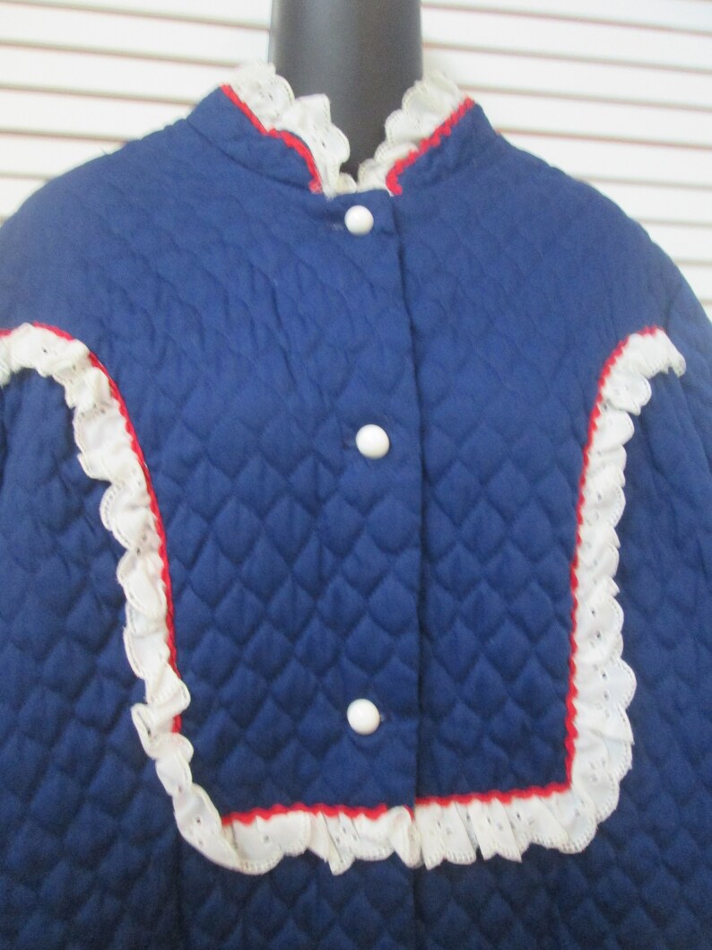 Vintage Sears at Home quilted long robe-dark blue with red trim and white eyelet trim Boho retro Christmas morning comfy long robe.