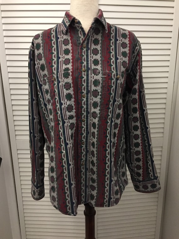 Vtg LLBean flannel lined smooth cotton outer SW theme long sleeve shirt blouse made in USA Boho hip mod cotton shirt green maroon gray 46C