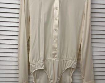 Snap crotch vintage cream white silk blouse DKNY label Deadstock tags on classic blouse w silk satin collar and cuffs Perfect for skirt pant