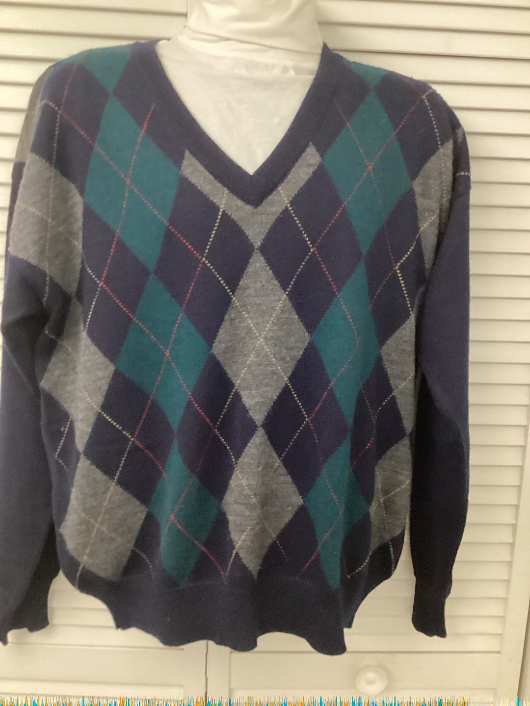 Vintage Pure Merino Wool Paisley Floral Sweater Red Blue Patterned V-Neck Knit Pullover