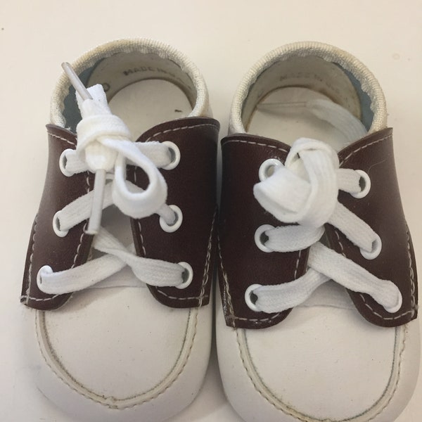 Infant size 0 Brown and white vtg saddle shoes Made in USA lightweight leather Darling vintage baby shoe Grandmas delight for her grandchild