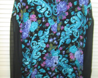 Vintage size 20 rayon black turquoise floral long sheer chiffon sleeve blouse. Capistrano label, made in USA.